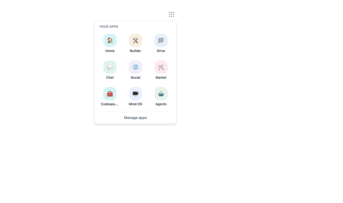 The Mind app launcher — a grid of apps that all read and write the same pod.